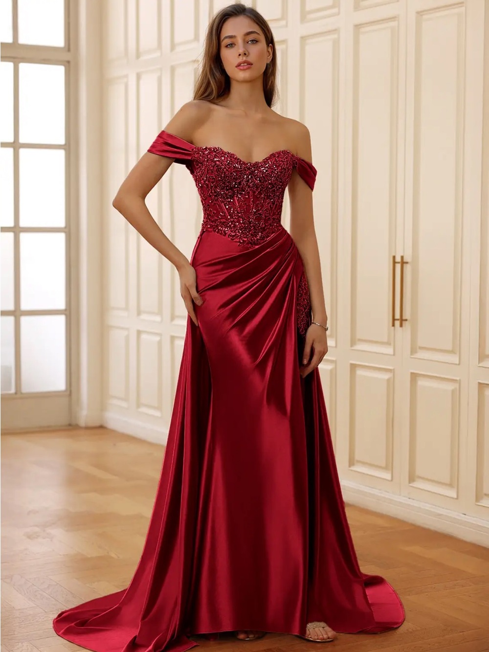 Rowane Red Corset Rhinestone Sheer Lace Evening dress - Picture 3 of 12